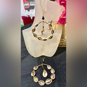 Gold Brass and Cowrie Shell Hoop Earrings